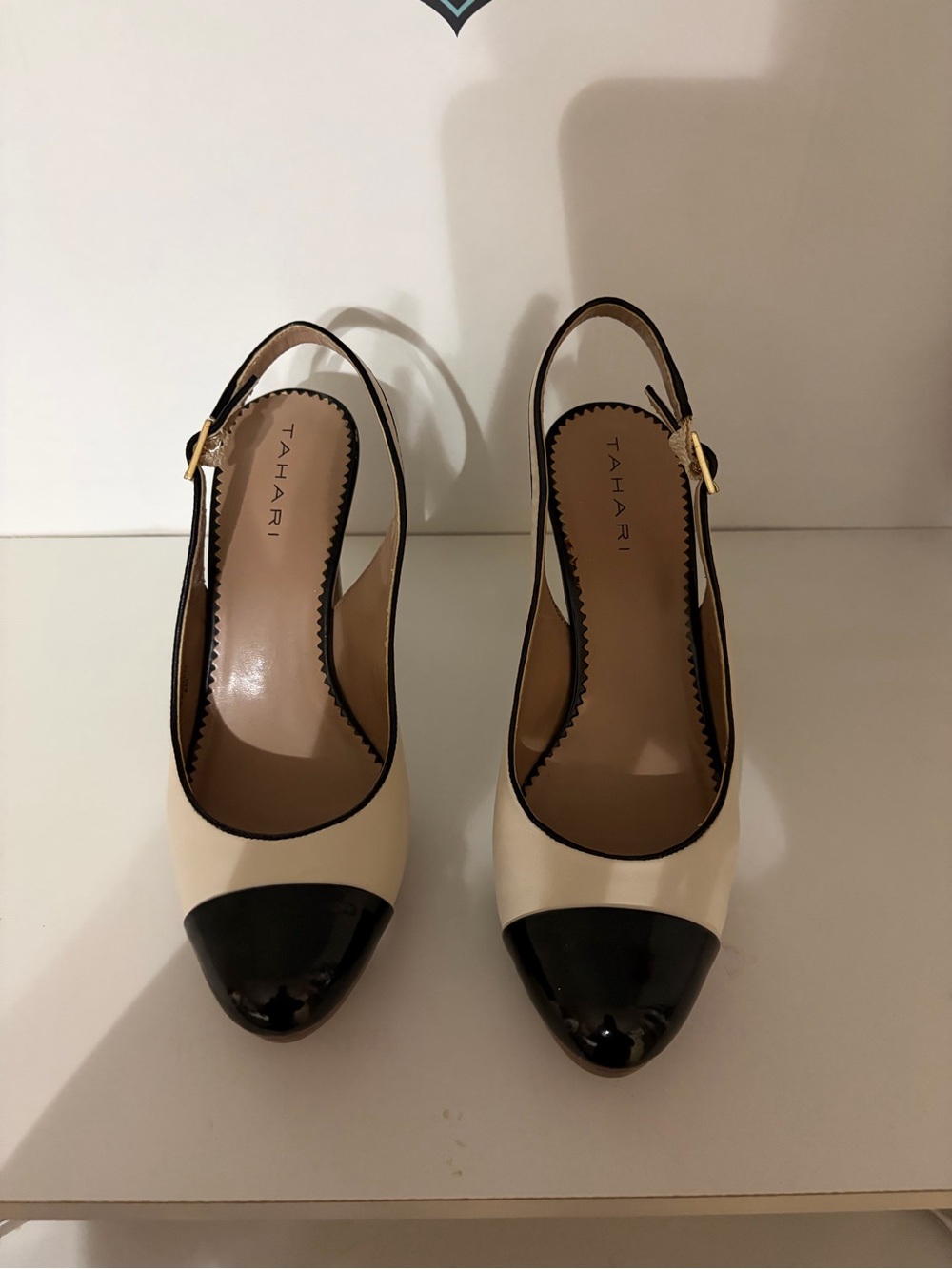 Tahari Cream Slingback Pumps with Black Cap Toe